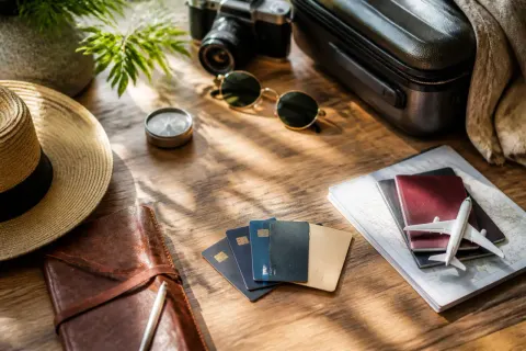 A travel-themed flat lay showcasing various popular credit cards and travel essentials.