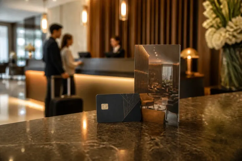 The IHG One Rewards Premier Select Credit Card with an IHG hotel brochure.