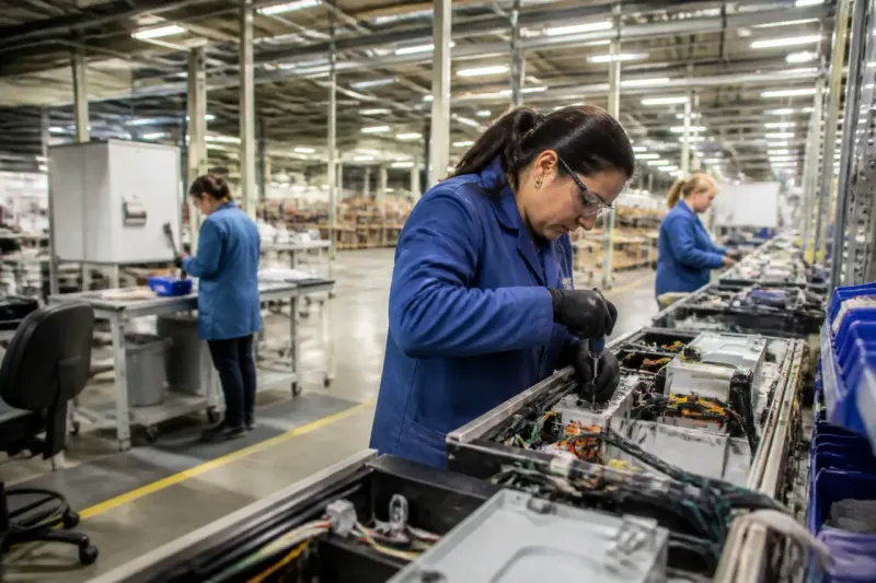 A factory floor with workers producing goods