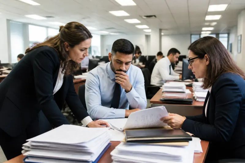 A busy financial office environment where strategies for regulatory compliance are being discussed.
