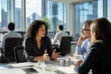 A group of investment professionals discussing finance strategies in an office setting.