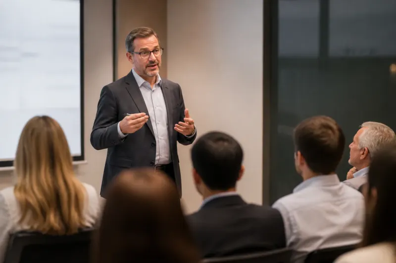An economist analyzing market trends at a conference