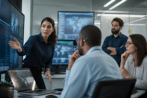 A cybersecurity team discussing vulnerabilities and patch management.