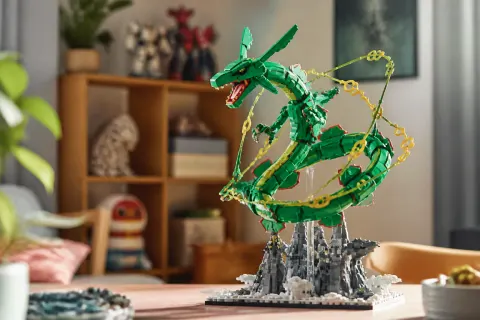 A complete view of the LEGO Rayquaza set displayed prominently with its intricate base in a bright setting.