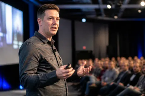 Corey Thuen, Founder of Gravwell, speaking at a tech event