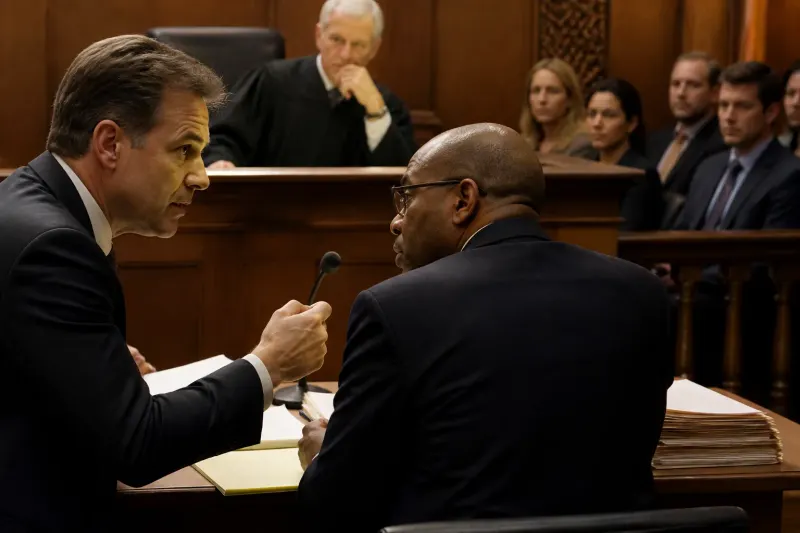 A courtroom sketch depicting a legal battle