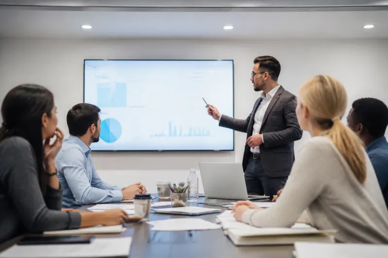 Financial analyst showing graphs of earnings