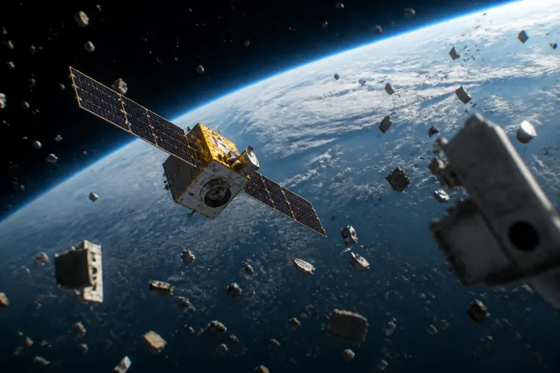 A satellite in orbit around Earth amidst a field of space debris.