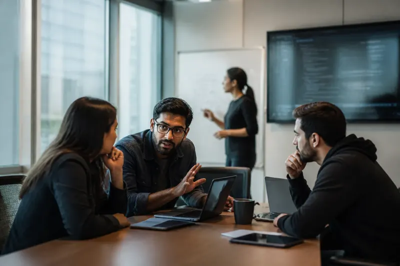 A group of IT professionals discussing security vulnerabilities in a conference room.