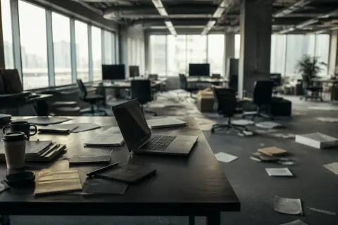 A deserted office space showing remnants of closed AI startups.