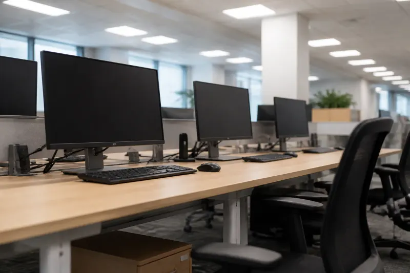 An empty workspace with an 'Out of Service' sign on a computer.