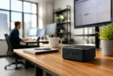 GMKTec NucBox EVO-X1 Pro mini PC on a desk with monitors