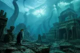 A digitally painted scene from Penguin Colony featuring a penguin in an eerie, Lovecraftian landscape under ice.
