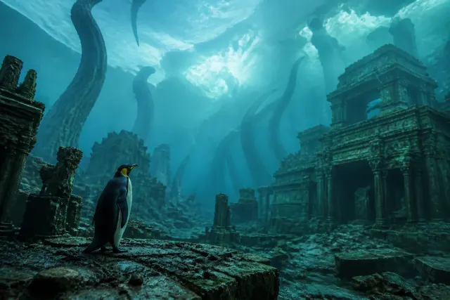A digitally painted scene from Penguin Colony featuring a penguin in an eerie, Lovecraftian landscape under ice.