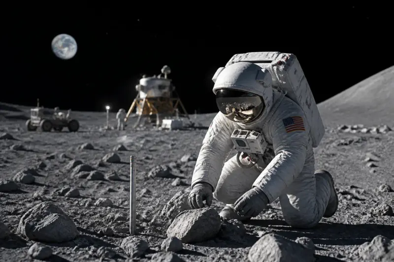 Artist concept of astronauts on the Moon's surface during the Artemis mission