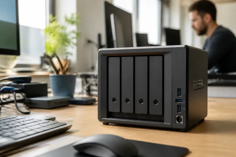 A compact NAS device with multiple hard drives on a desk.