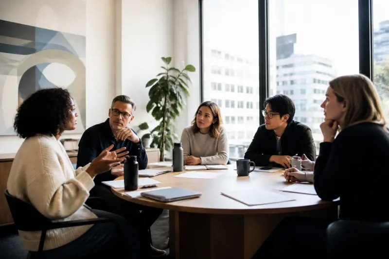 A corporate office showing a team meeting discussing creative direction.