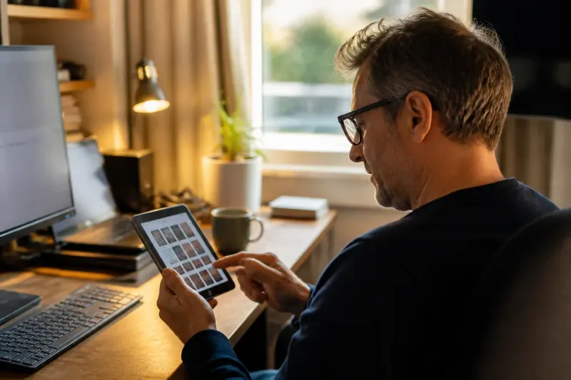 User experiencing the Kindle's interface and library organization on screen.