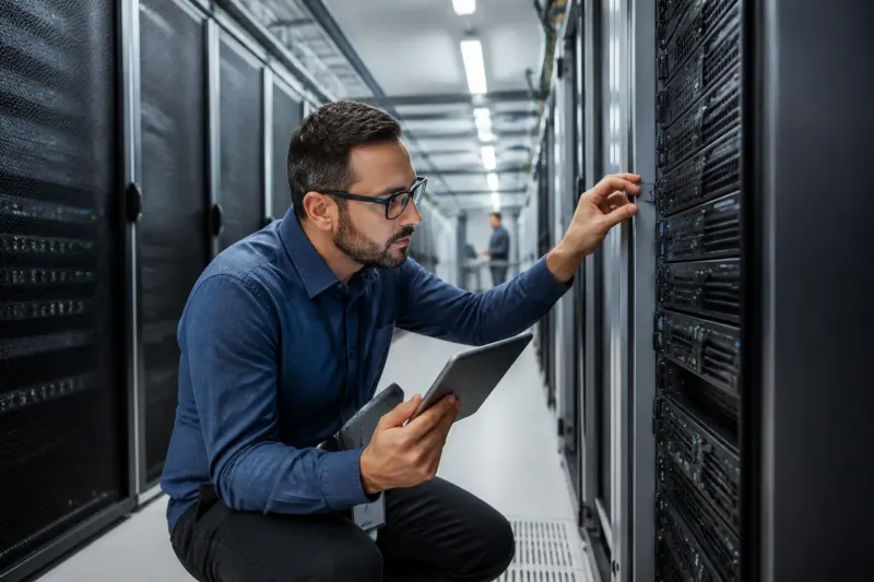 A technician auditing a server rack in a data center.
