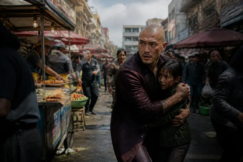 A vibrant street scene in Madripoor showcasing bustling street food vendors and a tense atmosphere.