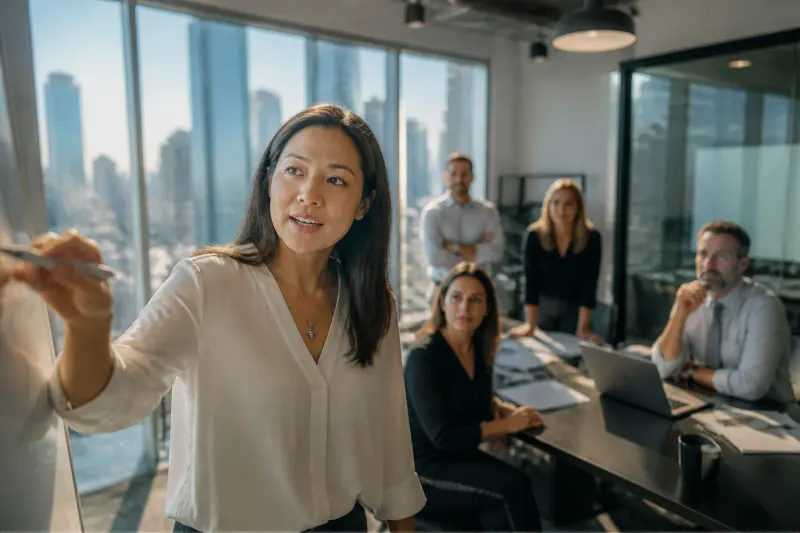 A diverse group of tech executives discussing AI solutions
