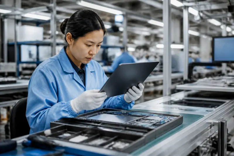 An assembly line worker inspecting a BlueChip laptop prototype with components around.