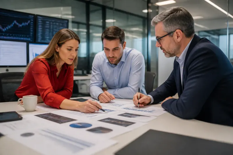 A group of investors discussing strategies amid financial reports.