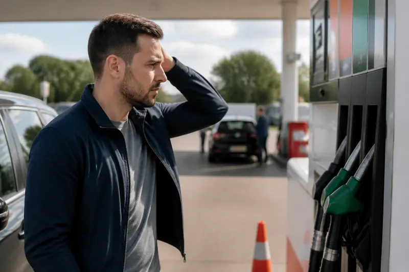 A concerned driver at a petrol station checking fuel prices