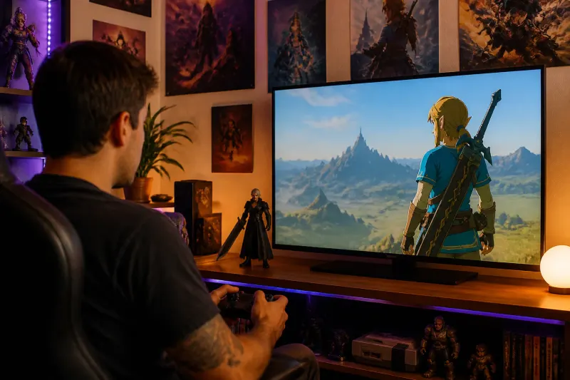 A gaming setup showcasing iconic video game characters from several remakes