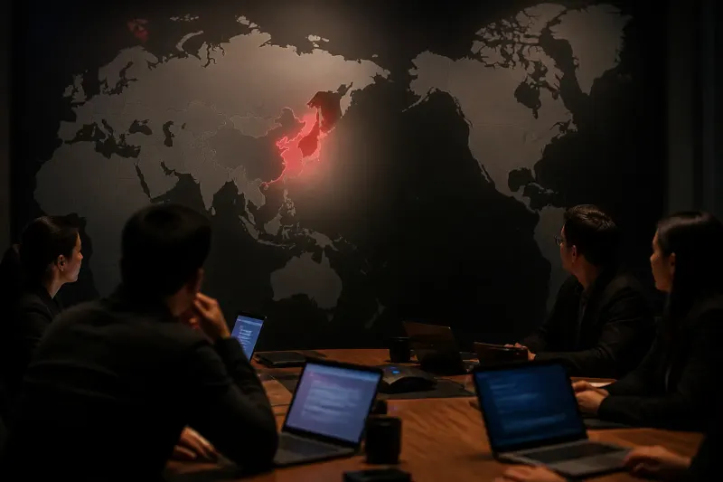 Illustration of cyber hacking with a map of North Korea.